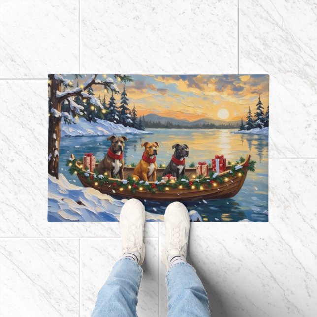 Pitbull-Weihnachtsboot-Feiertag Fußmatte (Indoor)
