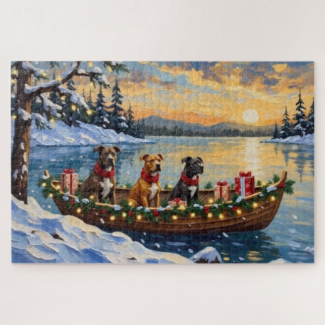 Pitbull-Weihnachtsboot-Feiertag Puzzle (Horizontal)