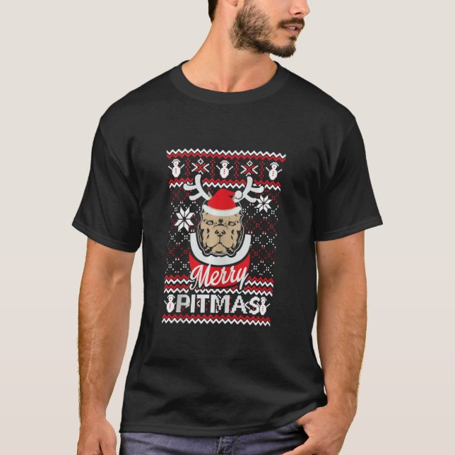 Pitbull Weihnachtsliebhaber Merry Pitmas Ugly Chri T-Shirt (Vorderseite)