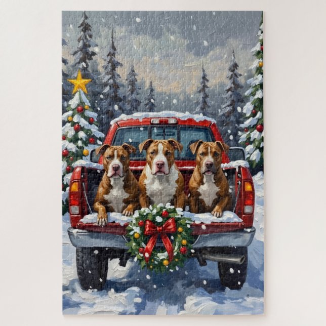 Pitbull Weihnachtsroter LKW Feiertag Puzzle (Vertikal)