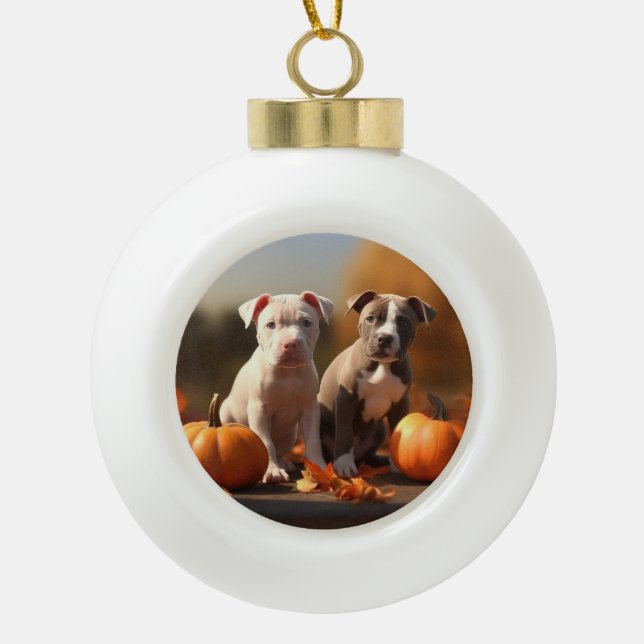 Pitbull Welpe Herbst Delight Pumpkin Keramik Kugel-Ornament (Vorderseite)