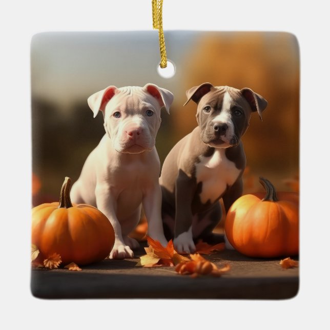 Pitbull Welpe Herbst Delight Pumpkin Keramikornament (Vorderseite)