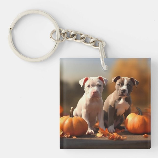 Pitbull Welpe Herbst Delight Pumpkin Schlüsselanhänger (Vorderseite)