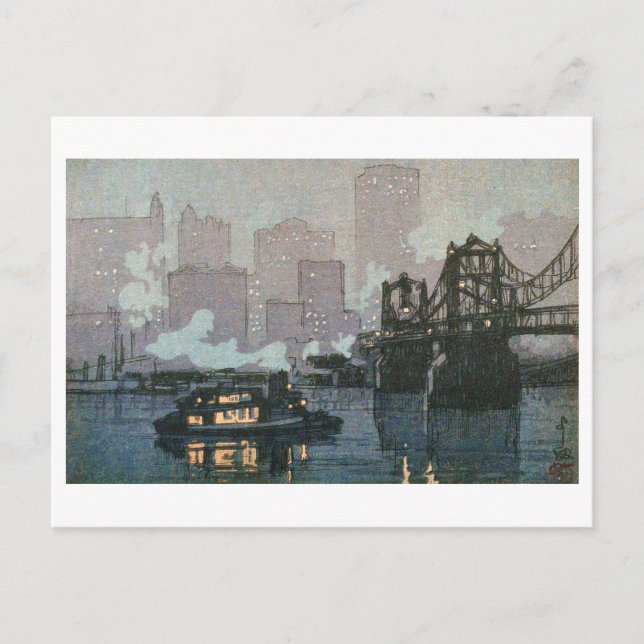 Pittsburgh bei Nacht, Hiroshi Yoshida, Woodcut Postkarte (Vorderseite)