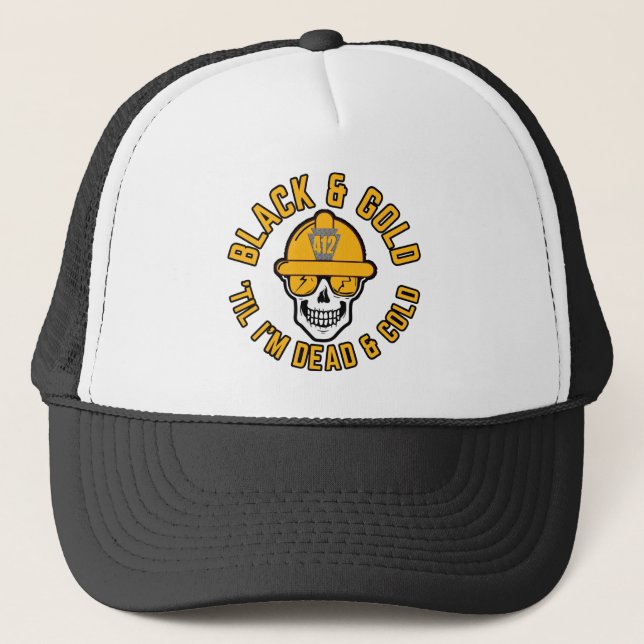 Pittsburgh Football Fan Black and Gold Skull Canva Truckerkappe (Vorderseite)