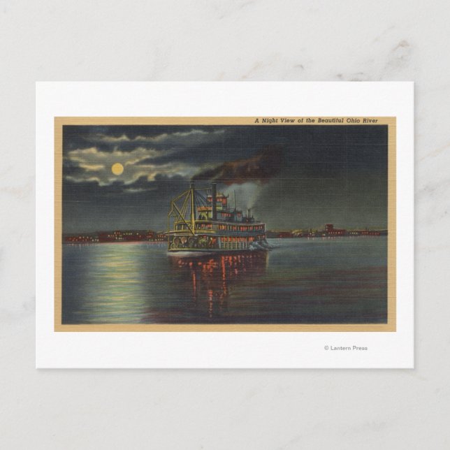 Pittsburgh, PA - Nachtblick auf Steamer & Ohio Postkarte (Vorderseite)