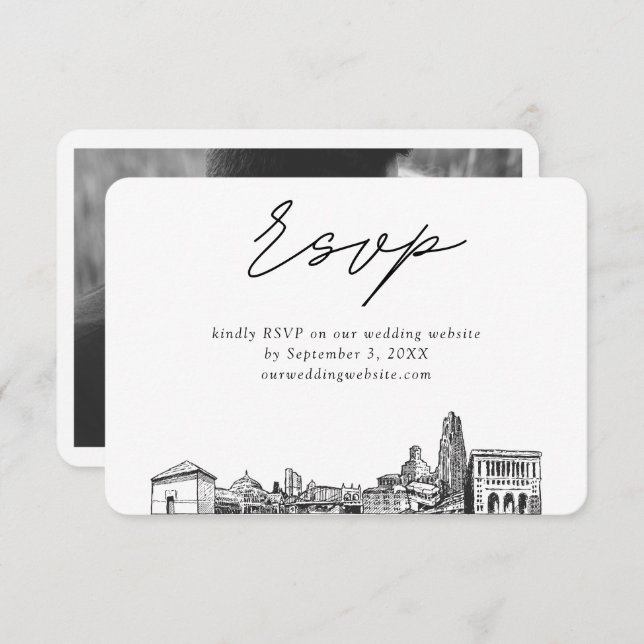 Pittsburgh Wedding Minimalistisch Sketch UAWG Begleitkarte (Vorne/Hinten)