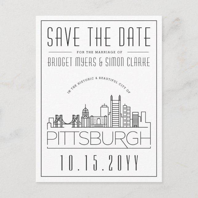 Pittsburgh Wedding Stylized Skyline Save the Date Postkarte (Vorderseite)