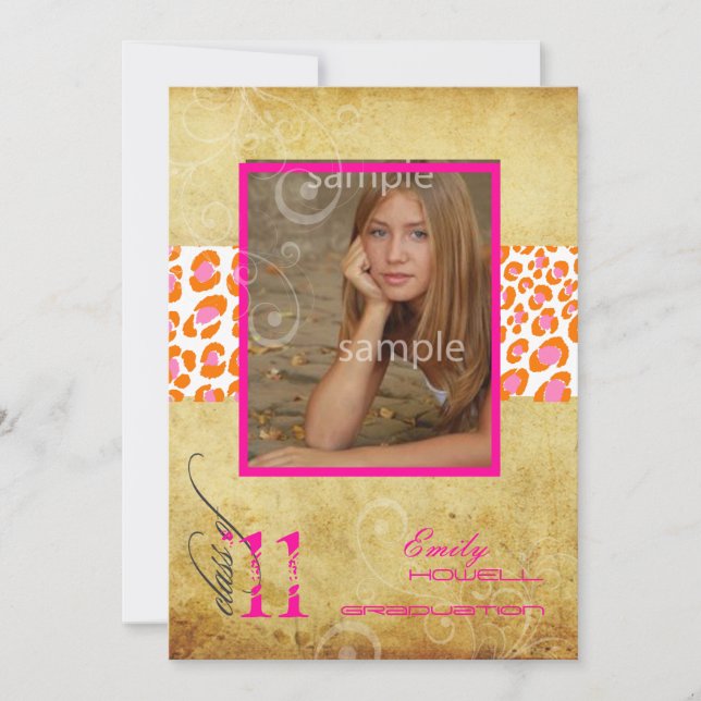 Pix Dezines 2011 Abschluss, rosa Leopard Einladung (Vorderseite)