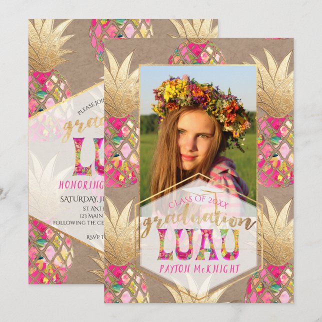 Pix Dezines Aloha Ananas, Abschluss Luau Einladung (Vorne/Hinten)