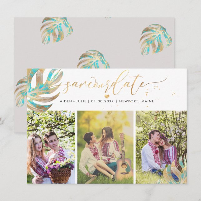 Pix Dezines Aqua Monstera Imitats Metallic Save The Date (Vorne/Hinten)