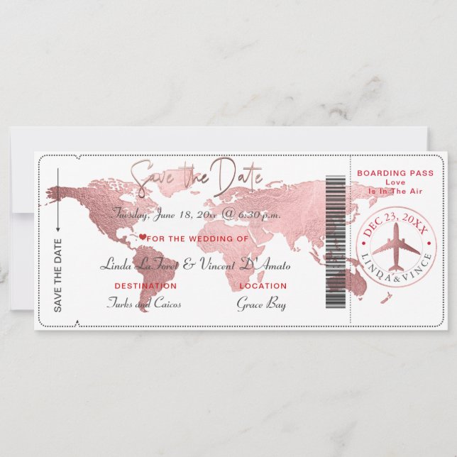 Pix Dezines Boarding Pass Save the Date, Weltkarte Einladung (Vorderseite)