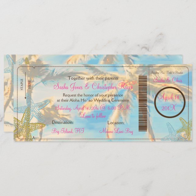 Pix Dezines Boarding Pass Vintager hawaiianischer  Einladung (Vorne/Hinten)