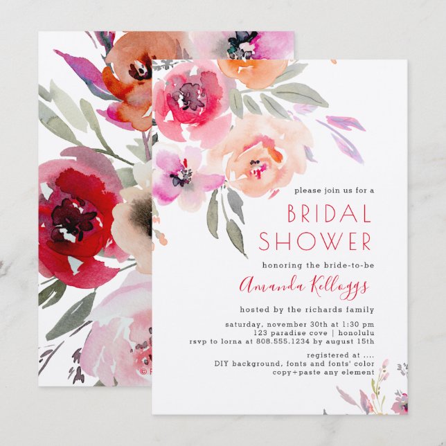 Pix Dezines Brautparty Wasserfarben Sommerflora Einladung (Vorne/Hinten)