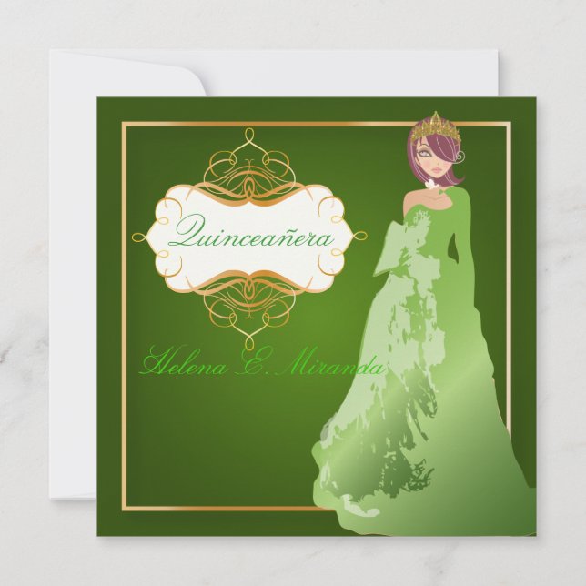 Pix Dezines Emerald Tiara/Gown Quinceañera Einladung (Vorderseite)