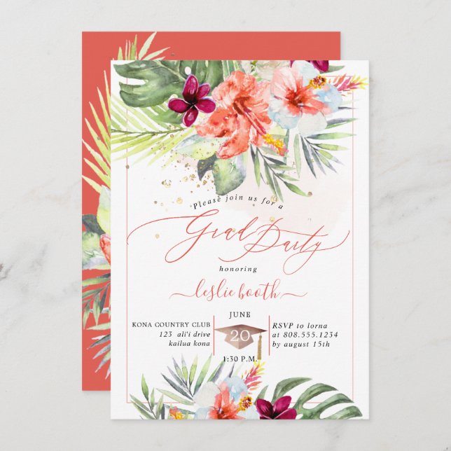 Pix Dezines H2 Tropisches Paradies Luau Abschluss Einladung (Vorne/Hinten)