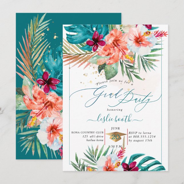 Pix Dezines H2 Tropisches Paradies Luau Abschluss  Einladung (Vorne/Hinten)