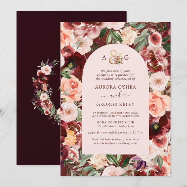 Pix Dezines Herbstliche Liebe H2 Marsala Rote Blum Einladung (Vorne/Hinten)