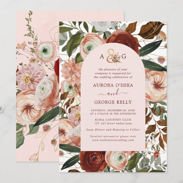 Pix Dezines Herbstliche Liebe H2 Marsala Rote Blum Einladung (Vorne/Hinten)