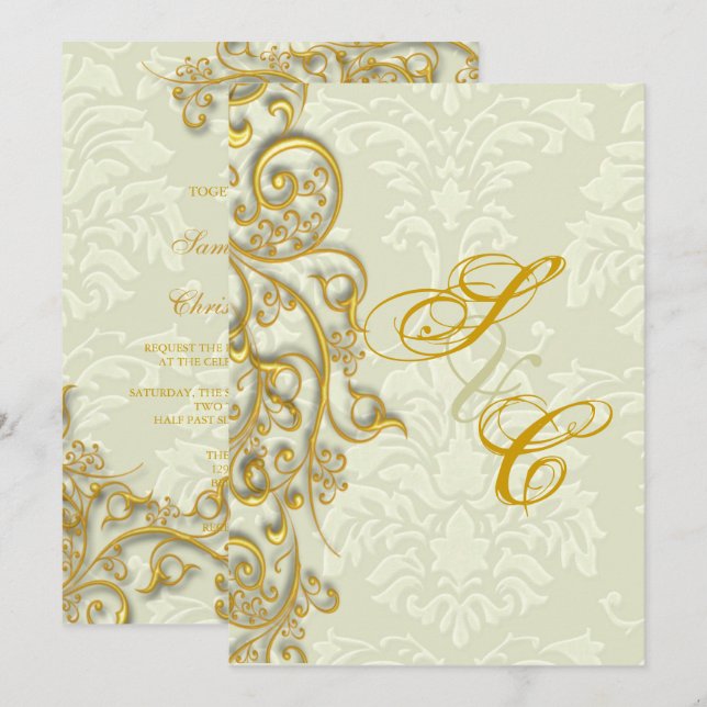 Pix Dezines IVORY DAMASK IMITATS GOLD FILIGREE Einladung (Vorne/Hinten)