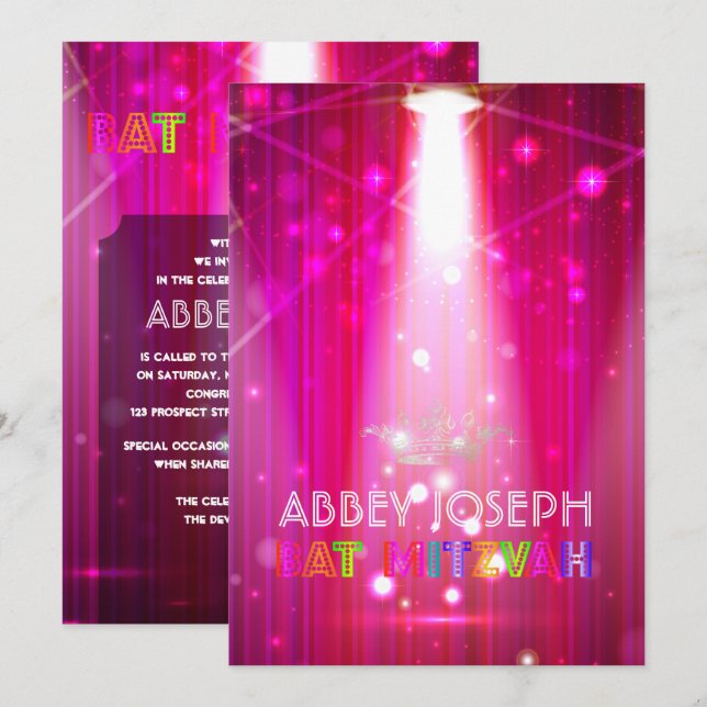 Pix Dezines Laser / Neon Lights Bat Mitzvah Einladung (Vorne/Hinten)