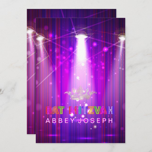 Pix Dezines Laser / Neon Lights Bat Mitzvah Einladung (Vorne/Hinten)
