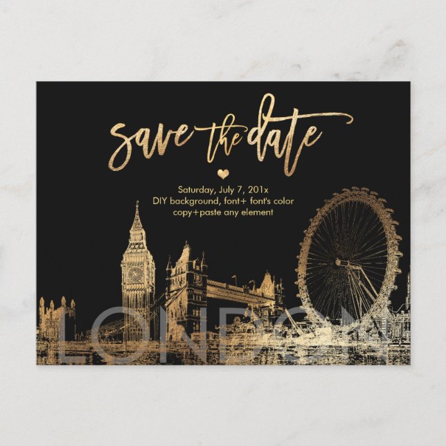 Pix Dezines/LONDON Save the Date/Imitate Gold Ankündigungspostkarte (Vorderseite)