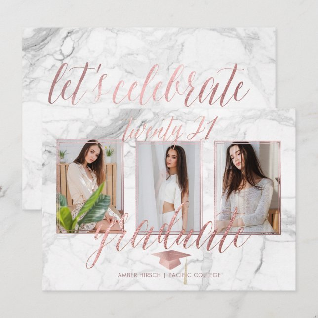 Pix Dezines Marmor Imitat Rose Gold Abschluss Einladung (Vorne/Hinten)