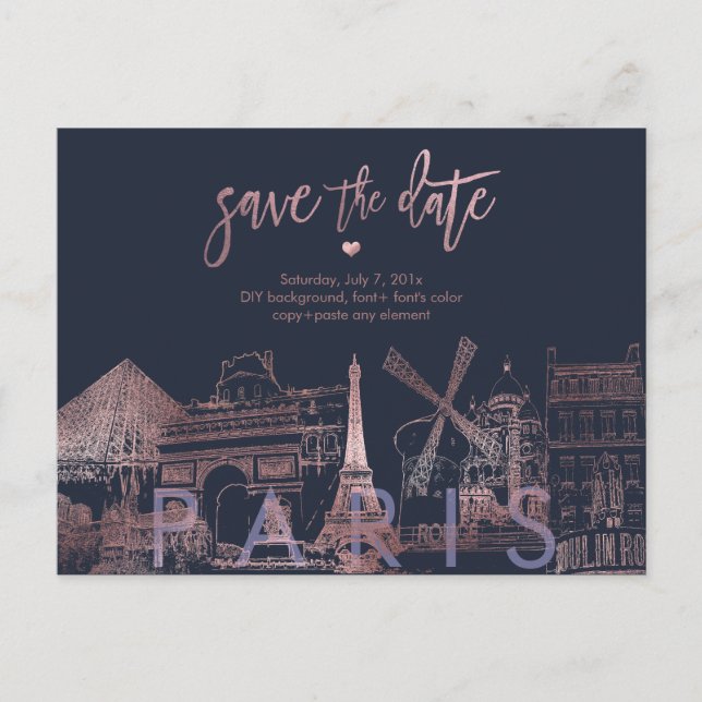 Pix Dezines/Paris Save the Date/Imitats Rose Gold Ankündigungspostkarte (Vorderseite)