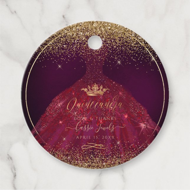 Pix Dezines Quinceanera Glitzer Burgund Gown Geschenkanhänger (Vorderseite)
