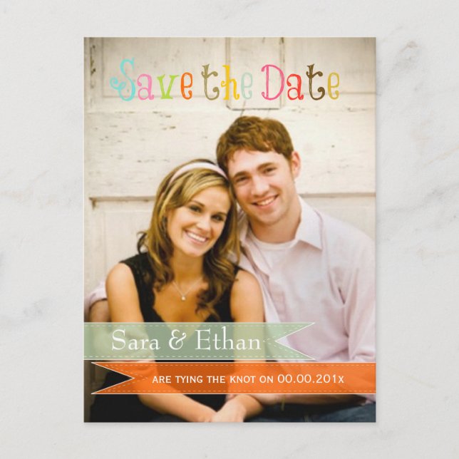 Pix Dezines seafoam+orange Save the Date Ankündigungspostkarte (Vorderseite)