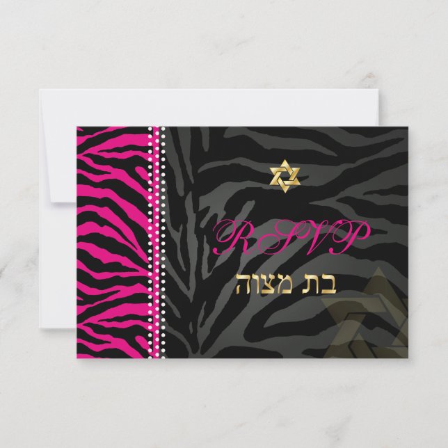 Pix Dezines uAwg Pink Zebra Streifen, Bat Mitzvah RSVP Karte (Vorderseite)