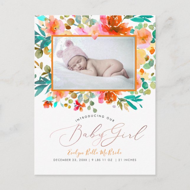 Pix Dezines Watercolor Garden Rose Baby Girl Postkarte (Vorderseite)