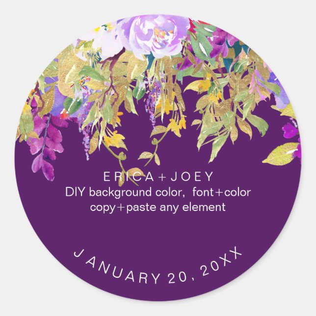 Pix Dezines Watercolor Wisteria+Peonies Runder Aufkleber (Vorderseite)