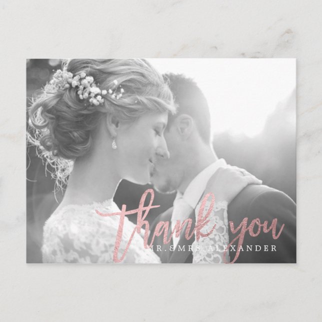 Pix Dezines Wedding Vielen Dank/Rose Gold Script Postkarte (Vorderseite)