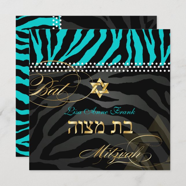 Pix Dezines Zebra Bat Mitzvah/DIY Color Aqua Einladung (Vorne/Hinten)