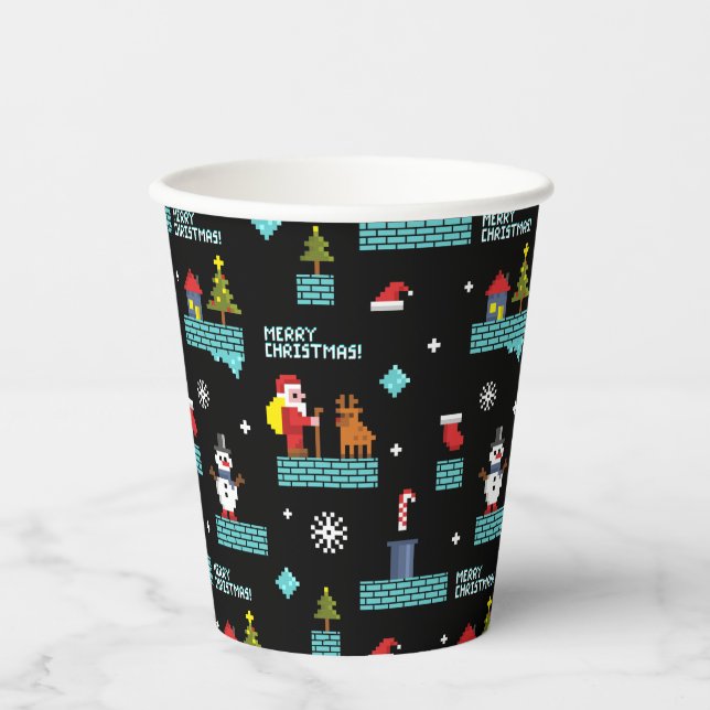 Pixated Frohe Weihnachtsmuster - Retro Design Pappbecher (Vorderseite)