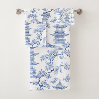 PixDezine Blaue Chinoiserie-Pagoden Kirschblüten Badhandtuch Set