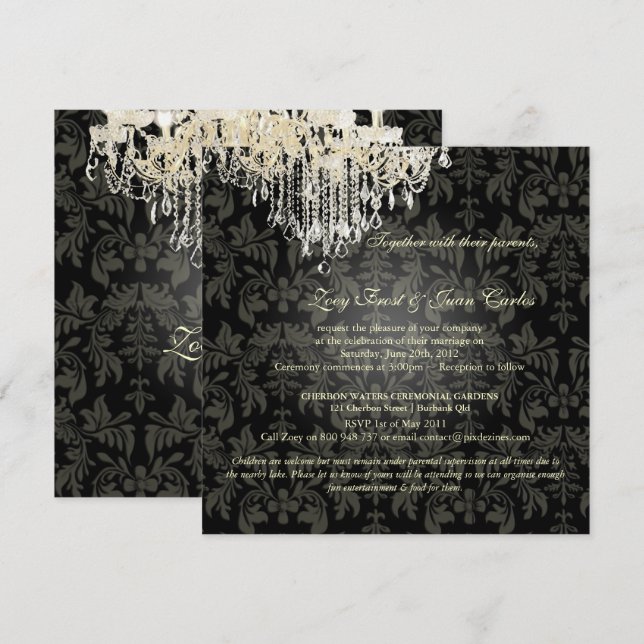 PixDezine CRYSTAL CHANDELIER+BAROQUE DAMASK Einladung (Vorne/Hinten)