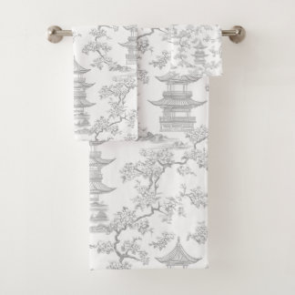 PixDezine Graue Chinoiserie-Pagoden Kirschblüten Badhandtuch Set