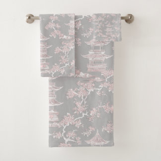 PixDezine Graue Chinoiserie-Pagoden Kirschblüten Badhandtuch Set