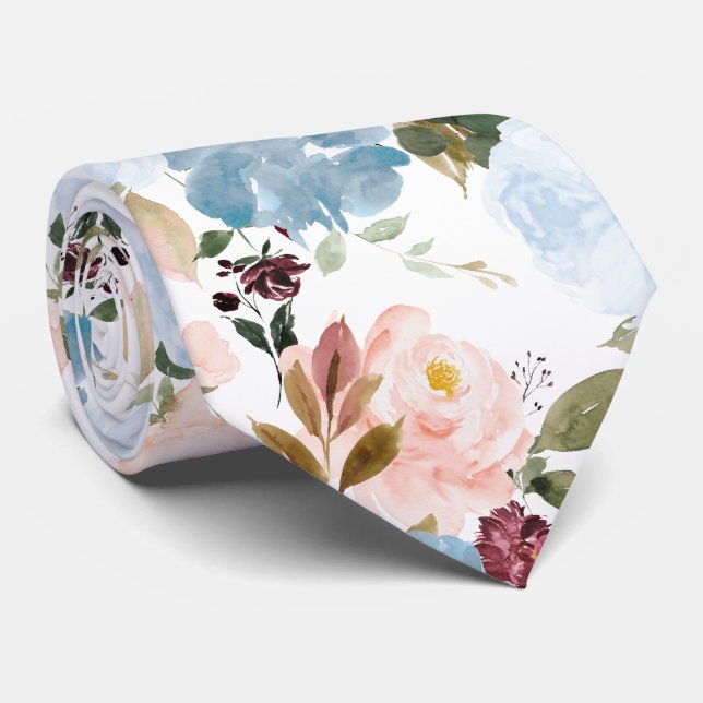 PixDezine H2 Blume Dusty Blue n Blush Pink Krawatte (Gerollt)