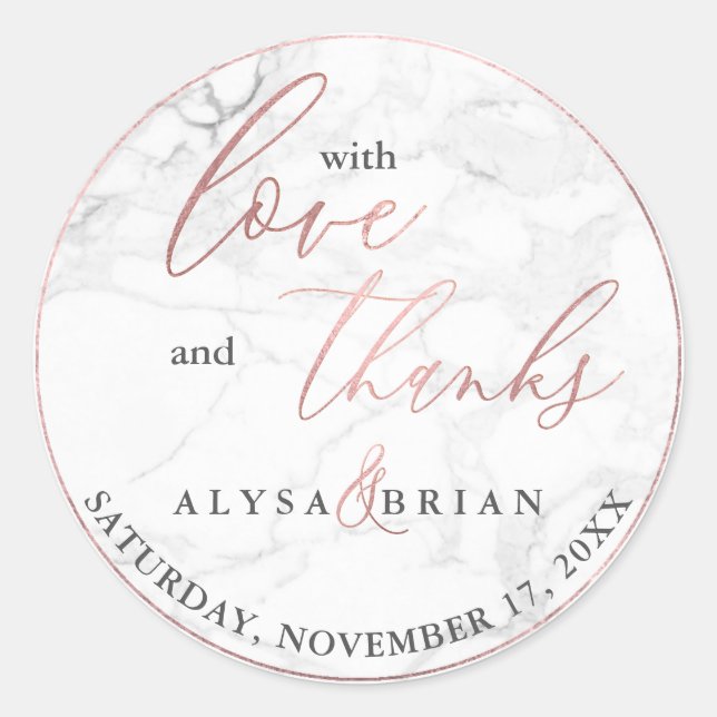 PixDezine Marble/Imitate Rose Gold Liebe+Danke Runder Aufkleber (Vorderseite)