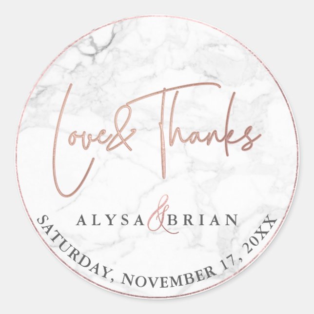 PixDezine Marble/Imitate Rose Gold Liebe+Danke Runder Aufkleber (Vorderseite)