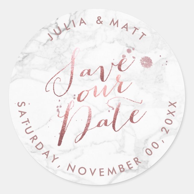 PixDezine Marble Save the Date/Imitate Rose Gold Runder Aufkleber (Vorderseite)