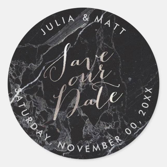 PixDezine Marble Save the Date/Imitate Silver Runder Aufkleber (Vorderseite)