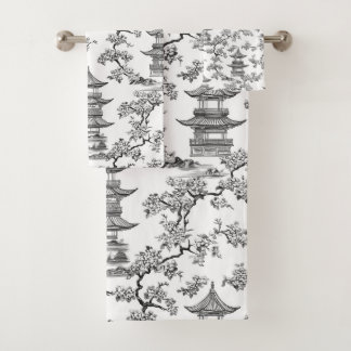 PixDezine Schwarze Chinoiserie-Pagode Kirschblüten Badhandtuch Set