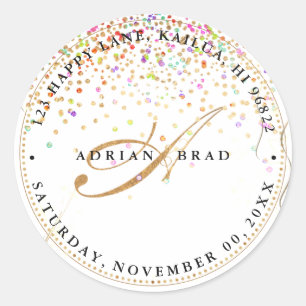 PixDezines A-Z Script Monogram, Rainbow Confetti Runder Aufkleber
