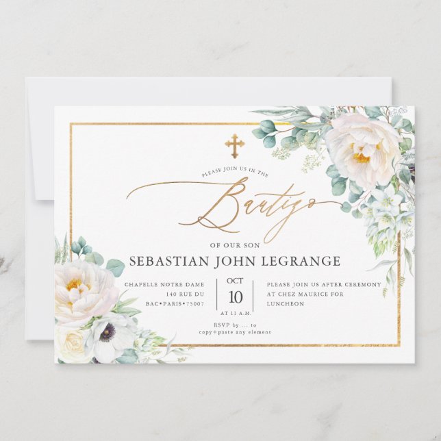 PixDezines Acuarela Peonias Eucalipto Batismo Einladung (Vorderseite)