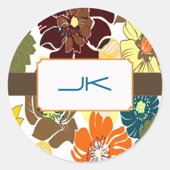 PixDezines Alegre Retro Floral, Monogramm Runder Aufkleber (Vorderseite)